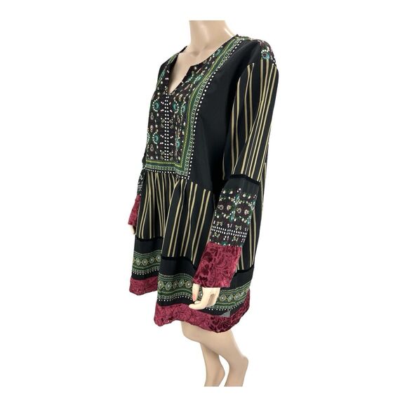 Ulla Popken Boho A Line Tunic Dress Green Floral with Red Velvet Trim SZ 16/18 - Picture 8 of 16